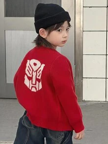 Dazy Kids Young Boy Autumn/Winter Casual Mask Letter Pattern Cardigan - Red - View 1