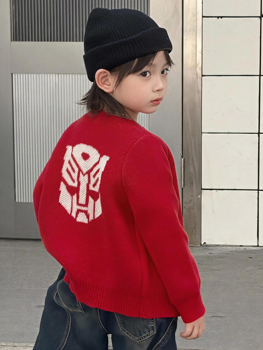 Dazy Kids Young Boy Autumn/Winter Casual Mask Letter Pattern Cardigan - Red - View 1