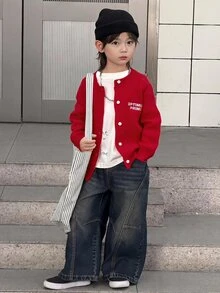 Dazy Kids Young Boy Autumn/Winter Casual Mask Letter Pattern Cardigan - Red - View 2