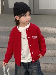 Dazy Kids Young Boy Autumn/Winter Casual Mask Letter Pattern Cardigan - Red - View 3