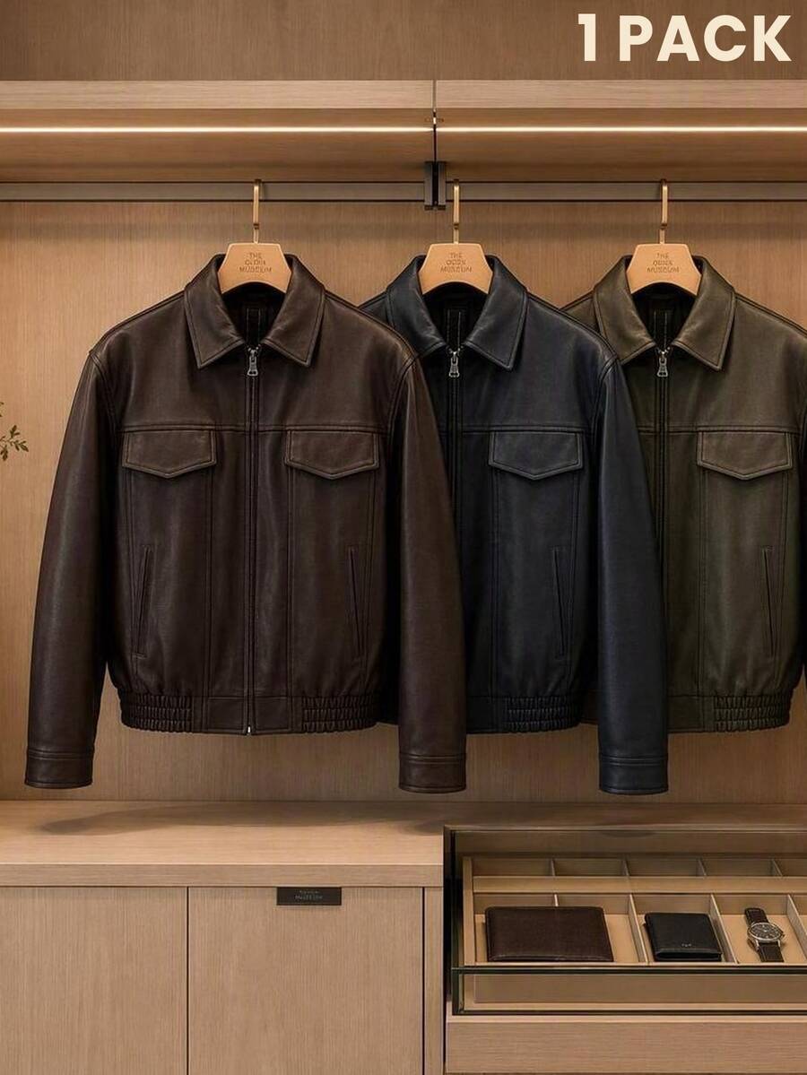 Vientiro Men's Short PU Leather Jacket, Streetwear, Suede Air Layer Jacket, Utility Cargo Jacket, Streetwear , Autumn Winter - Black - View 1