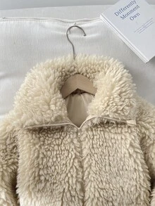 SHEIN جاكيت فتاة مراهقة/فتيات مراهقات خريف/شتاء موضة كاجوال سميك من صوف التيدي والفرو الصناعي بياقة واقفة وأكمام مضلعة وسحاب مع جيوب، مناسب للعودة إلى المدرسة والارتداء اليومي - كاكي - مشاهدة 6