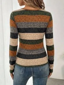 SHEIN LUNE 95%棉全印花女款方領長袖T恤，對比條紋棕色楓葉修身打底上衣 - 彩色 - 查看 4