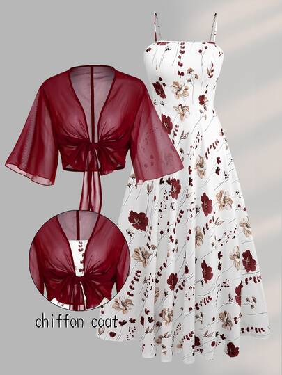 Franclia Plus Size Women's Fashion Brown Summer Elegant Bachelorette Party Gym Wedding Guest Vacation Tea Party Holiday Ditsy Floral Chiffon Dress 2 Pieces Set