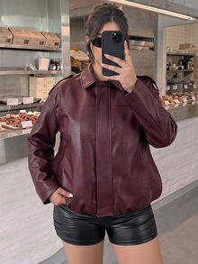 SHEIN BAE CURVE Plus Size Women's Cargo Casual Streetwear Burgundy Faux Leather Jacket Long Sleeve Collared Design Front Placket Detail Fall Formal Going Out Office - Burgundy - View 3