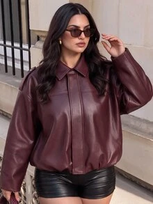 SHEIN BAE CURVE Plus Size Women's Cargo Casual Streetwear Burgundy Faux Leather Jacket Long Sleeve Collared Design Front Placket Detail Fall Formal Going Out Office - Burgundy - View 1