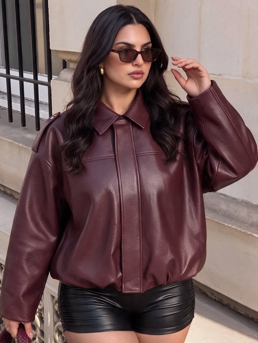 SHEIN BAE CURVE Plus Size Women's Cargo Casual Streetwear Burgundy Faux Leather Jacket Long Sleeve Collared Design Front Placket Detail Fall Formal Going Out Office - Burgundy - View 1