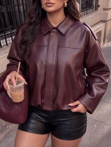 SHEIN BAE CURVE Plus Size Women's Cargo Casual Streetwear Burgundy Faux Leather Jacket Long Sleeve Collared Design Front Placket Detail Fall Formal Going Out Office - Burgundy - View 5