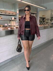 SHEIN BAE CURVE Plus Size Women's Cargo Casual Streetwear Burgundy Faux Leather Jacket Long Sleeve Collared Design Front Placket Detail Fall Formal Going Out Office - Burgundy - View 4