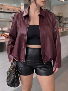 SHEIN BAE CURVE Plus Size Women's Cargo Casual Streetwear Burgundy Faux Leather Jacket Long Sleeve Collared Design Front Placket Detail Fall Formal Going Out Office - Burgundy - View 2