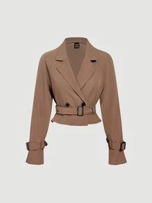 SHEIN MOD 女款灰褐色兩件套商務休閒專業辦公穿著，短版寬鬆西裝外套附腰帶配寬腿長褲套裝，優雅秋季褲裝套裝 - 棕色 - 查看 6