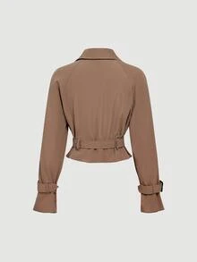 SHEIN MOD 女款灰褐色兩件套商務休閒專業辦公穿著，短版寬鬆西裝外套附腰帶配寬腿長褲套裝，優雅秋季褲裝套裝 - 棕色 - 查看 5