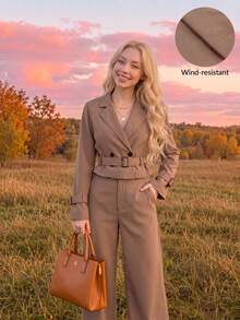 SHEIN MOD 女款灰褐色兩件套商務休閒專業辦公穿著，短版寬鬆西裝外套附腰帶配寬腿長褲套裝，優雅秋季褲裝套裝 - 棕色 - 查看 1