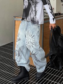 STEELVANCE 男士美式復古酸洗圖案寬鬆牛仔褲，Y2K哥德風自由女神與天使印花寬腿牛仔長褲 - 淺色水洗藍 - 查看 6
