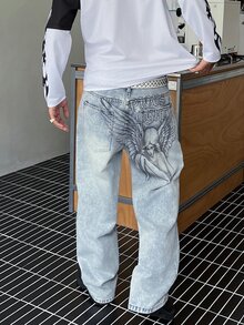 STEELVANCE 男士美式復古酸洗圖案寬鬆牛仔褲，Y2K哥德風自由女神與天使印花寬腿牛仔長褲 - 淺色水洗藍 - 查看 8