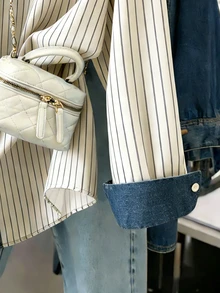 Resyla [Denim Effect] 女款秋季條紋拼接復古休閒仿印花襯衫 日常外出穿著 藍白條紋上衣 - 彩色 - 查看 4