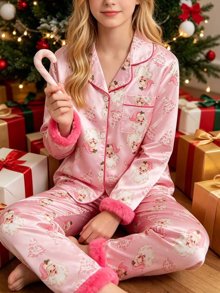 Santa Claus Tween Girl Autumn/Winter Pajamas 2pcs Christmas Tree Fleece Button-Down Long Pants Lapel Top Print Cartoon Snowflake White Pink - Pink - View 3