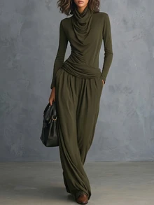 SHEIN Women's Elegant Cowl Neck Design 2 Pieces Set - Army Green - View 3