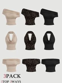 SHEIN MOD 3PCS Women's 3pk Sleeveless Tops-Beach/Vacation/Travel; Off/One-Shoulder; Apricot/Leopard/Black; School - Multicolor - View 8