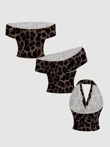 SHEIN MOD 3PCS Women's 3pk Sleeveless Tops-Beach/Vacation/Travel; Off/One-Shoulder; Apricot/Leopard/Black; School - Multicolor - View 7