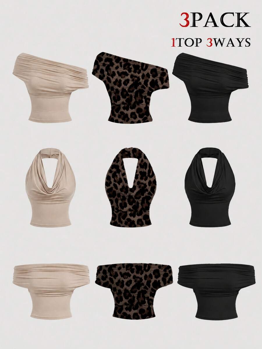 SHEIN MOD 3PCS Women's 3pk Sleeveless Tops-Beach/Vacation/Travel; Off/One-Shoulder; Apricot/Leopard/Black; School - Multicolor - View 1