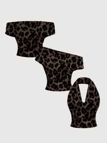 SHEIN MOD 3PCS Women's 3pk Sleeveless Tops-Beach/Vacation/Travel; Off/One-Shoulder; Apricot/Leopard/Black; School - Multicolor - View 6