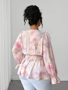 Elenzga Plus Floral Print Flounce Sleeve Shirred Waist Peplum Blouse - Baby Pink - View 3
