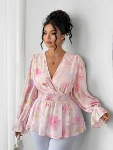Elenzga Plus Floral Print Flounce Sleeve Shirred Waist Peplum Blouse - Baby Pink - View 5