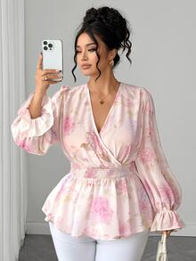 Elenzga Plus Floral Print Flounce Sleeve Shirred Waist Peplum Blouse - Baby Pink - View 7