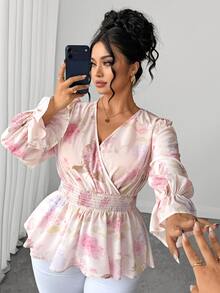 Elenzga Plus Floral Print Flounce Sleeve Shirred Waist Peplum Blouse - Baby Pink - View 1