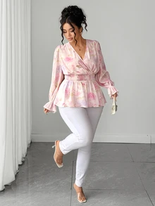 Elenzga Plus Floral Print Flounce Sleeve Shirred Waist Peplum Blouse - Baby Pink - View 4