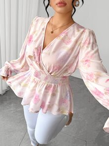 Elenzga Plus Floral Print Flounce Sleeve Shirred Waist Peplum Blouse - Baby Pink - View 2
