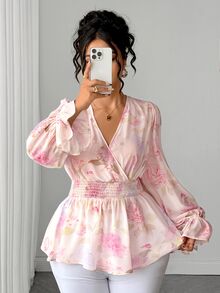 Elenzga Plus Floral Print Flounce Sleeve Shirred Waist Peplum Blouse - Baby Pink - View 6