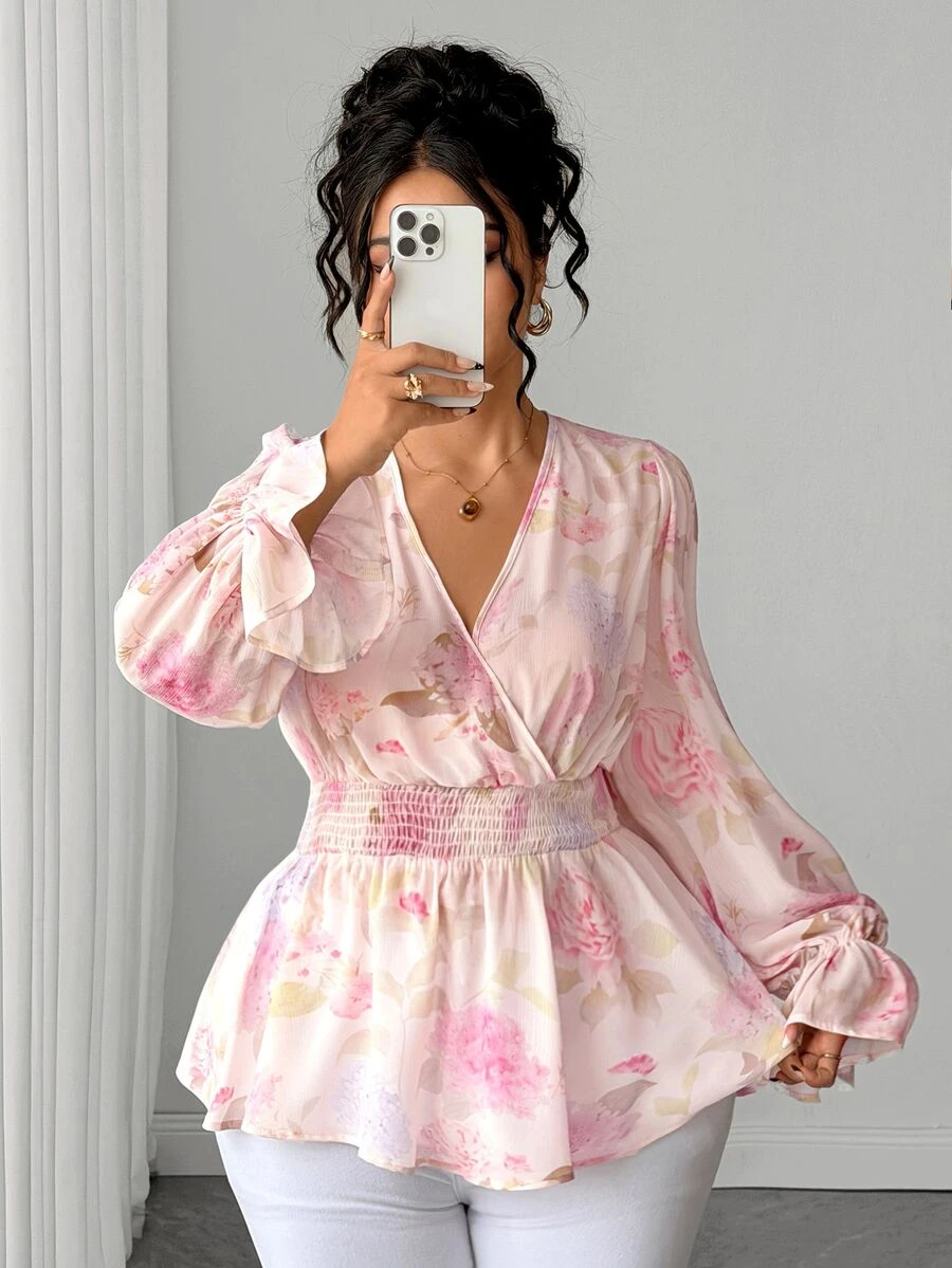 Elenzga Plus Floral Print Flounce Sleeve Shirred Waist Peplum Blouse - Baby Pink - View 1