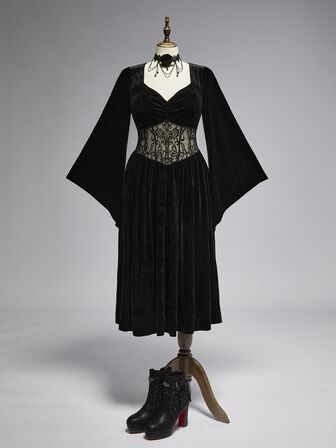 Goth Vestido de Talla Grande Estilo Corte Romántico Gótico Oscuro Vintage con Mangas Acampanadas, Recorte en la Cintura y Bordado de Enredadera Cruzada