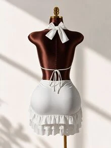 Mistrie 女款白色夏季深V領掛脖洋裝，70年代派對度假風荷葉邊下擺削肩裙，露背沙灘泳裝度假穿搭 - 白色 - 查看 3