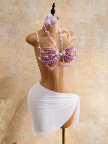 Mistrie 女士性感超短串珠链条吊带背心，夏季必备 - 淡紫色 - 查看 4