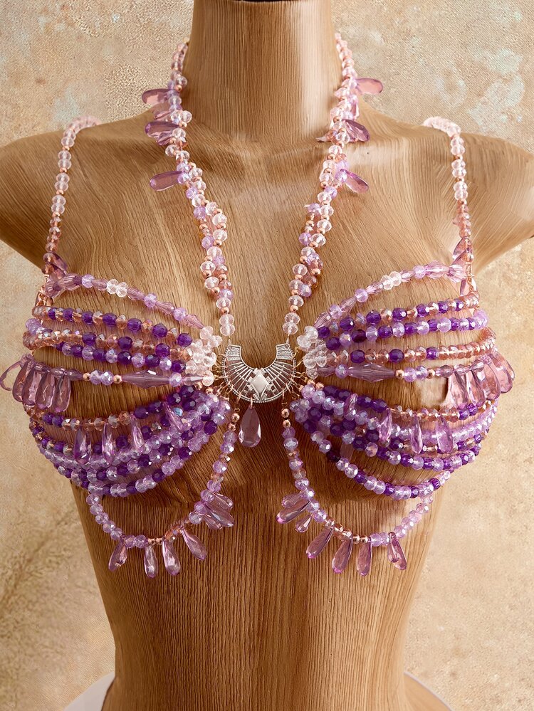 Mistrie Women's Ultra-Short Beaded Chain Strap Camisole For Summer Music Festival Purple Sequin Floral Rave Sexy Party - Mauve Purple - View 5