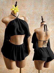 Mistrie Women's Vacation French Ruffle Hollow-Out Sexy Halter Tie-Up Romper - Black - View 4