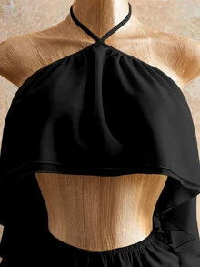 Mistrie Women's Vacation French Ruffle Hollow-Out Sexy Halter Tie-Up Romper - Black - View 6
