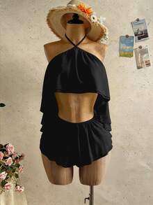 Mistrie Women's Vacation French Ruffle Hollow-Out Sexy Halter Tie-Up Romper - Black - View 8