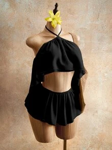 Mistrie Women's Vacation French Ruffle Hollow-Out Sexy Halter Tie-Up Romper - Black - View 7