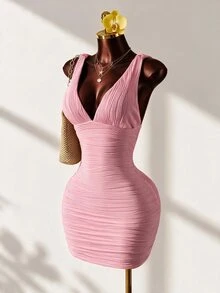 Mistrie Women's Yellow Ruched V-Neck Tie Shoulder Bodycon Mini Dress - Summer Casual/Sexy Party Outfit - Pink - View 1