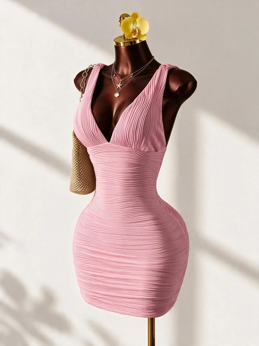 Mistrie Women's Yellow Ruched V-Neck Tie Shoulder Bodycon Mini Dress - Summer Casual/Sexy Party Outfit - Pink - View 1