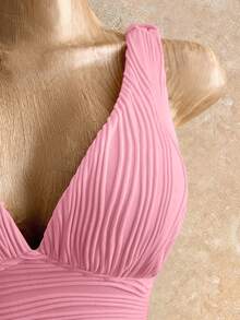 Mistrie Women's Yellow Ruched V-Neck Tie Shoulder Bodycon Mini Dress - Summer Casual/Sexy Party Outfit - Pink - View 4