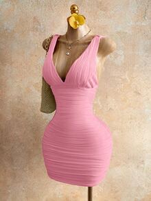 Mistrie Women's Yellow Ruched V-Neck Tie Shoulder Bodycon Mini Dress - Summer Casual/Sexy Party Outfit - Pink - View 3