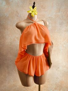 Mistrie 女款夏季性感海灘度假風簡約純色雙層蕾絲露背打結掛脖連身短褲 - 亮橙色 - 查看 7