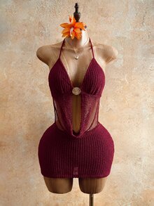 Mistrie 女款貝殼金屬飾品掛脖鏤空繫帶洋裝 - 酒紅色 - 查看 8