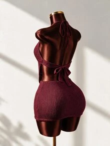 Mistrie 女款貝殼金屬飾品掛脖鏤空繫帶洋裝 - 酒紅色 - 查看 3