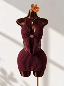 Mistrie 女款貝殼金屬飾品掛脖鏤空繫帶洋裝 - 酒紅色 - 查看 2
